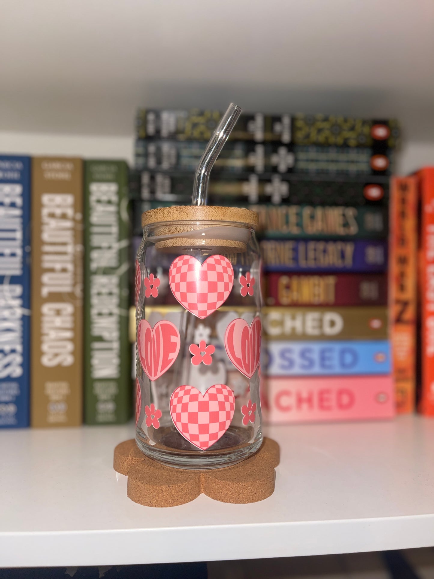 Checkered Love Glass Cup – Sweet Sips for Valentine's Day