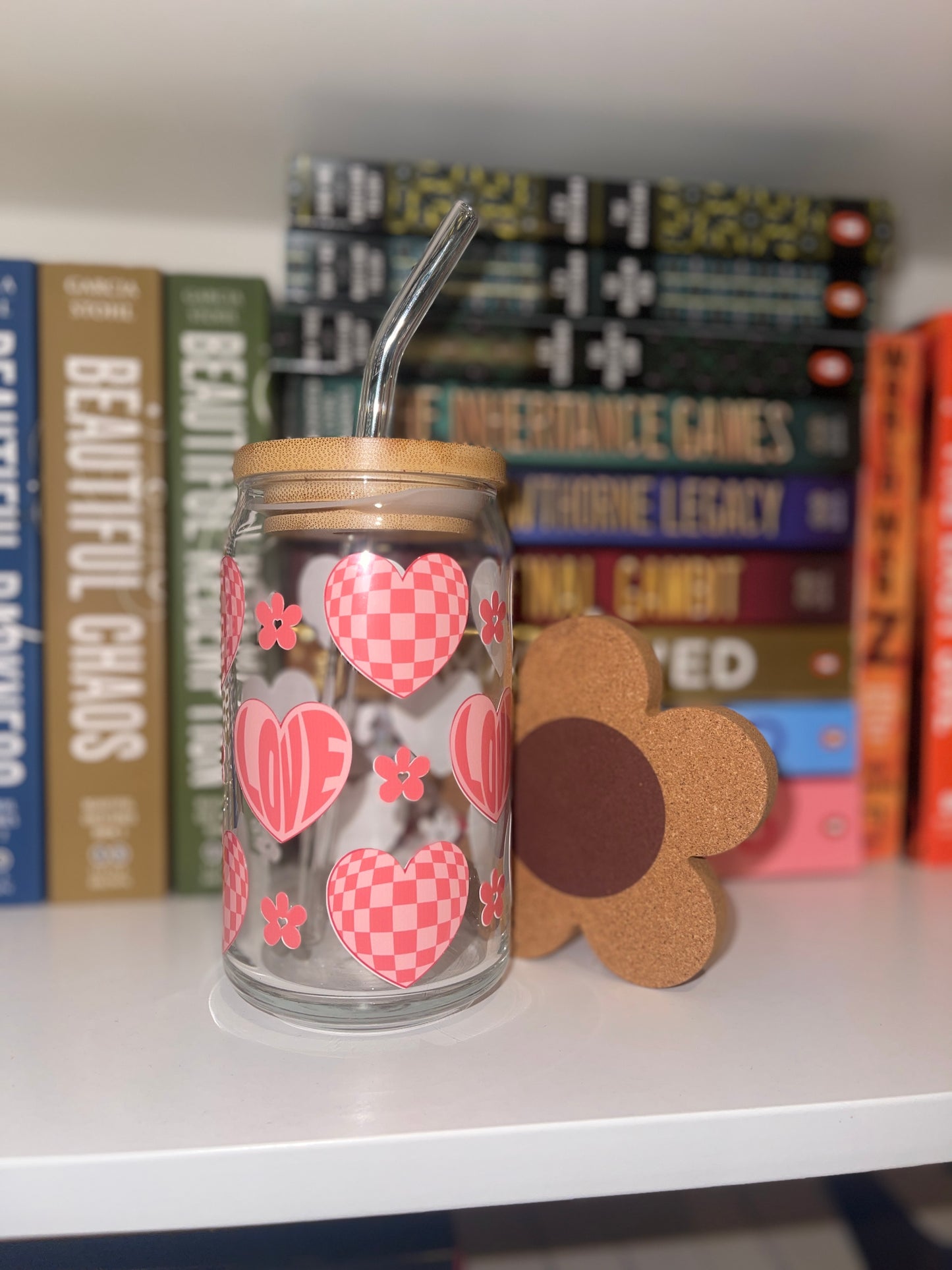 Checkered Love Glass Cup – Sweet Sips for Valentine's Day