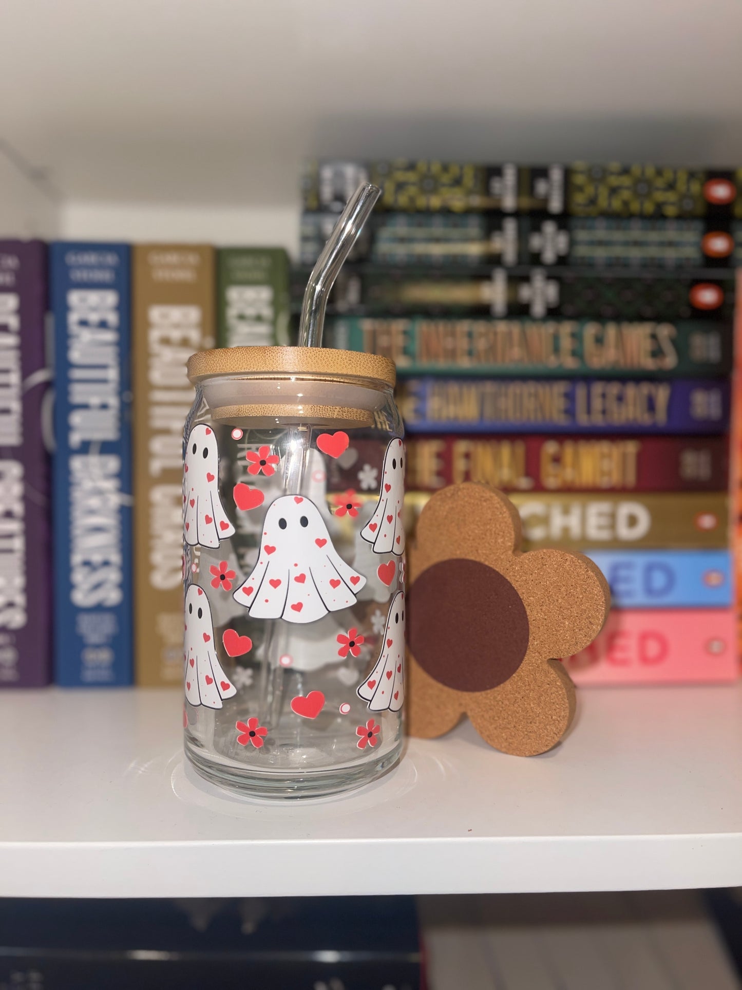 Valentine Ghost Glass Cup – 16oz Spooky Cute Libbey Can Cup for Iced Coffee
