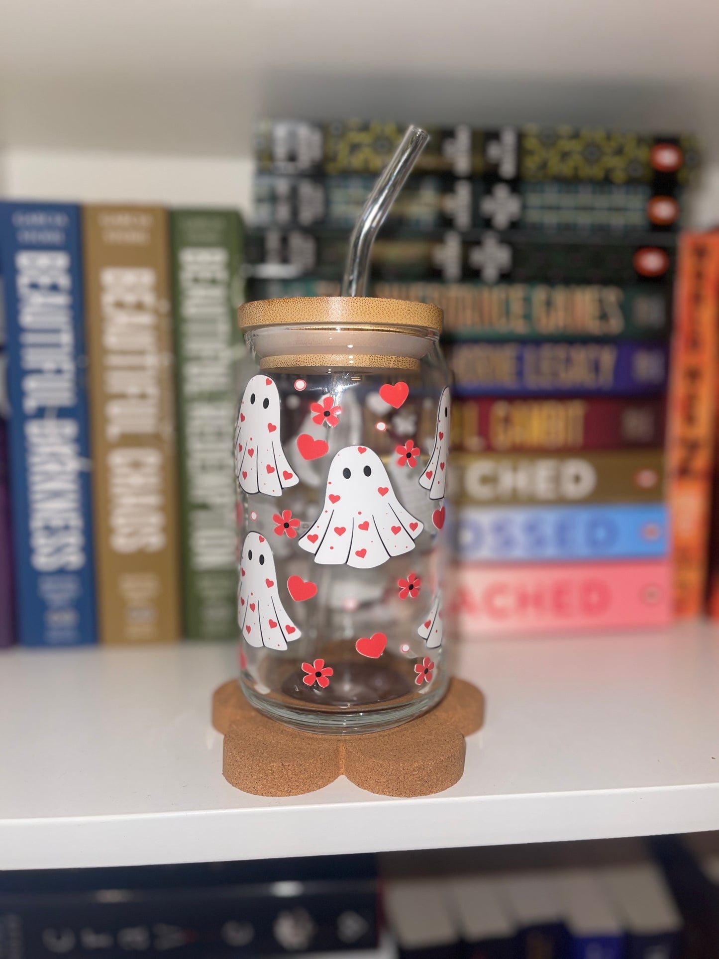 Valentine Ghost Glass Cup – 16oz Spooky Cute Libbey Can Cup for Iced Coffee