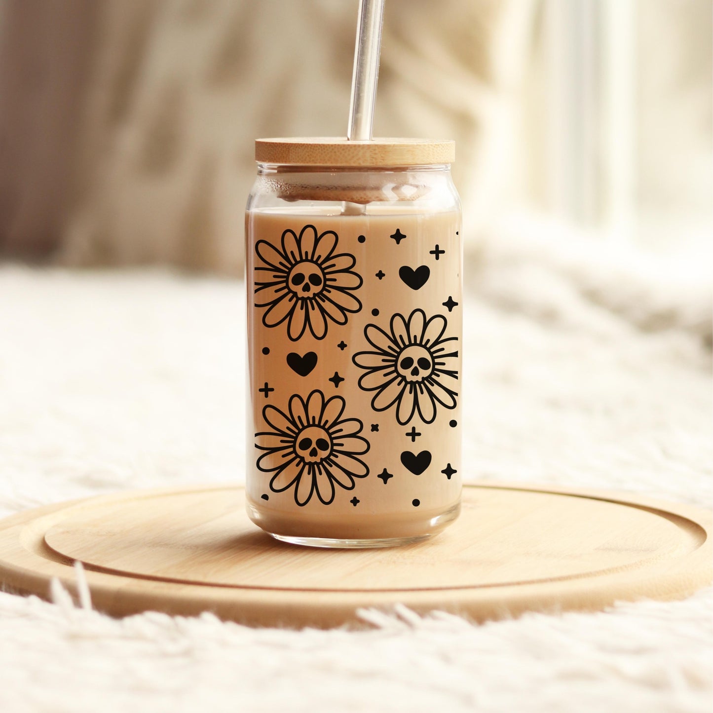 Skull Daisy Glass – 16oz Spooky Cute Iced Coffee Cup