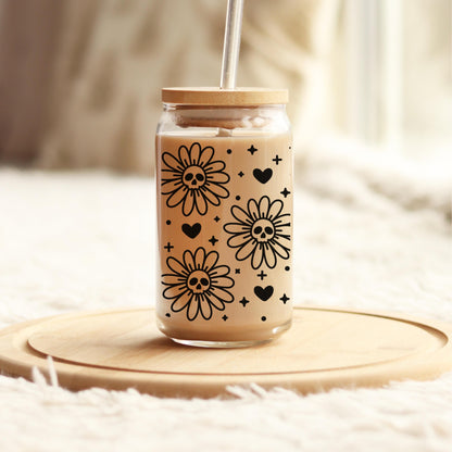 Skull Daisy Glass – 16oz Spooky Cute Iced Coffee Cup