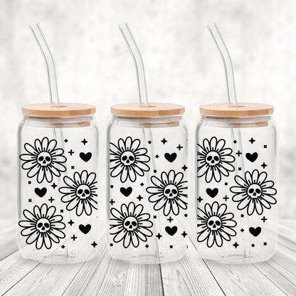 Skull Daisy Glass – 16oz Spooky Cute Iced Coffee Cup