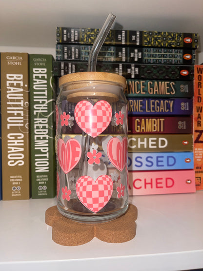 Checkered Love Glass Cup – Sweet Sips for Valentine's Day