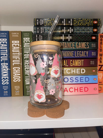 Valentine Gnome Libbey Glass Cup – Cute Iced Coffee Tumbler with Optional Straw, Lid & Coaster