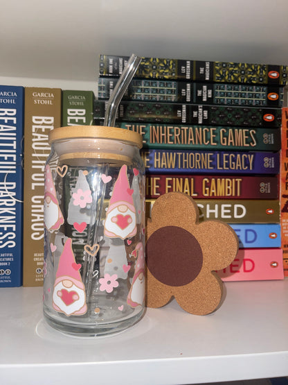 Valentine Gnome Libbey Glass Cup – Cute Iced Coffee Tumbler with Optional Straw, Lid & Coaster