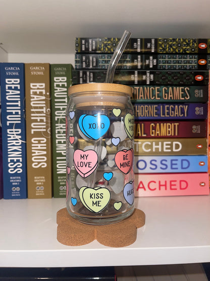 Candy Hearts Glass Cup – 16oz Libbey Can with Conversation Heart Valentine Design