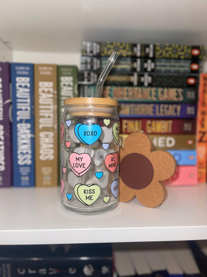 Candy Hearts Glass Cup – 16oz Libbey Can with Conversation Heart Valentine Design