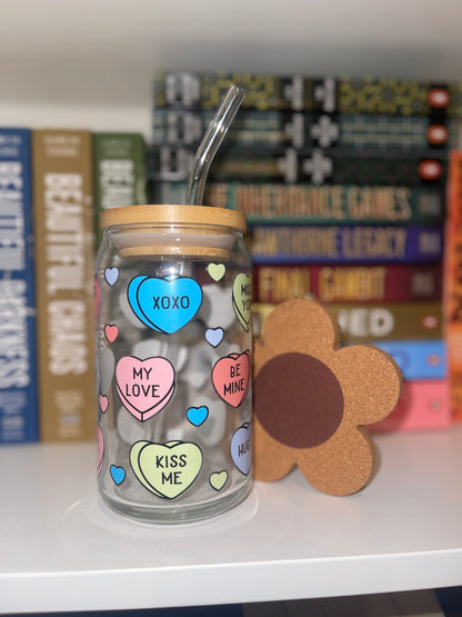 Candy Hearts Glass Cup – 16oz Libbey Can with Conversation Heart Valentine Design