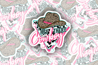 Hey There Cowboy Sticker – Pink & Cheetah Western Weatherproof Sticker